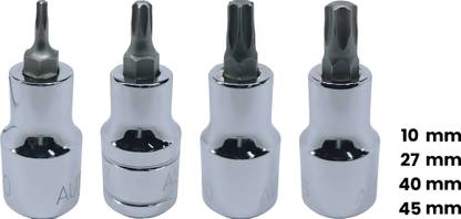 4MECH T-10+T-27+T-40+T-45, 1/2" Drive, Hardened CRV Steel, Torx Bit Socket T-10+T-27+T-40+T-45, 1/2" Drive, Hardened CRV Steel, Torx Bit Socket Single Sided Combination Wrench