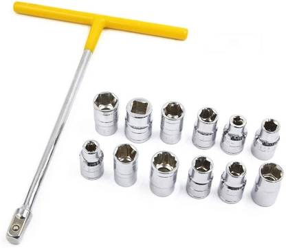 RMGS 13Pc Vehicle Car T Shaped Handle Wrench Spanner With 8-19Mm 1/2 Socket Tool Set, Socket Set