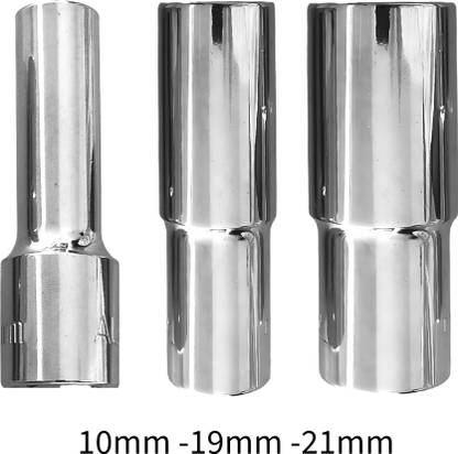 4MECH 10mm + 19mm + 21mm Hex Long Chrome Vanadium Steel Anti Rust Socket Set