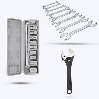 Hillgrove HGCM408M1 10Pcs Hex Socket Set with Adjustable Wrench, 8Pcs Double Open Wrench Socket Set
