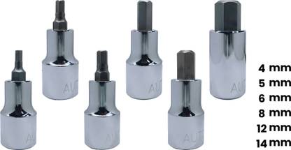 4MECH 4+5+6+8+12+14mm 1/2" Drive, Hardened and Tempered, Hex-Allen-Bit Socket Multipurpose, Chrome Vanadium Steel, Professsioanl use, Rust Free Single Sided Combination Wrench