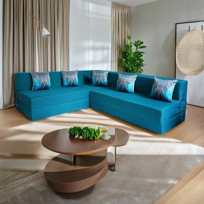 Little Smile L-Shaped 78x60x16 inch- Jute Fabric 4 4 Seater Double Foam Fold Out Sofa Cum Bed