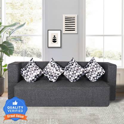 Seventh Heaven 78x36x14 inch Jute Fabric with 4 Cushions 4 Seater Single Foam Pull Out Sofa Cum Bed