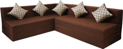 Little Smile L-Shaped 90x72x16 inch- Jute Fabric 5_brown 5 Seater Double Foam Fold Out Sofa Cum Bed