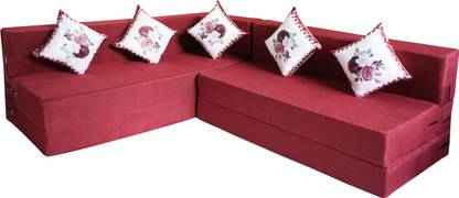 Little Smile L-Shaped 90x72x16 inch- Jute Fabric 5 -red 5 Seater Double Foam Fold Out Sofa Cum Bed