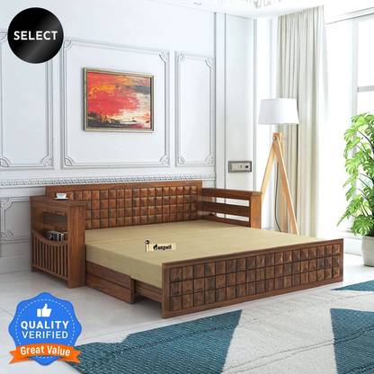 Ganpati Arts Sheesham Wood Daimond with Side Pocket for Bedroom/Home 3 Seater Double Solid Wood Pull Out Sofa Cum Bed
