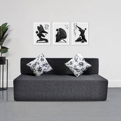 Fresh Up 3 Seater 5x6 feet Jute Fabric with 2 Printed Cushions 3 Seater Double Foam Fold Out Sofa Cum Bed