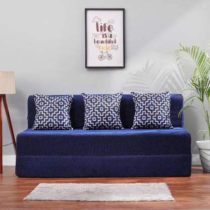 Solis Primus-comfort for all 5X6 Chenille Fabric with 3 (Multi Sqr) Dot Blue 3 Seater Double Foam Fold Out Sofa Cum Bed