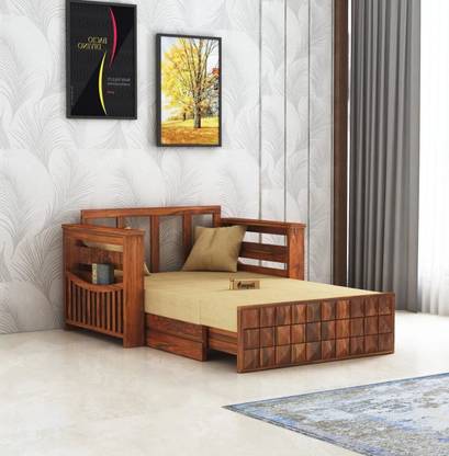 Ganpati Arts Sheesham Wood Oslo with Headboard & Mini Storage for Home 2 Seater Single Solid Wood Pull Out Sofa Cum Bed