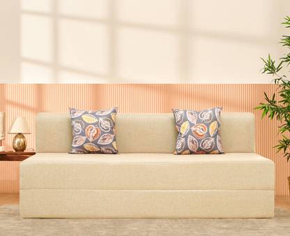 Uberlyfe 6 x 6.5 Ft Premium Jute -Sofa Cum Bed with 2 Cushions(Fallen Leaves Pattern) 3 Seater Double Foam Fold Out Sofa Cum Bed