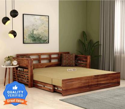 Wooden Street Calder Sheesham Wood | King Size with mattress 3 Seater Double Solid Wood Pull Out Sofa Cum Bed