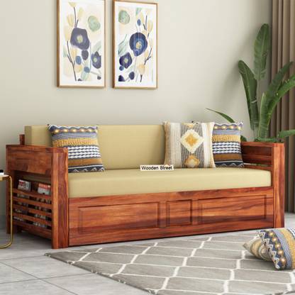 Wooden Street Calder Sheesham Wood Honey Finish King Size Sofa Cum Bed 3 Seater Double Solid Wood Pull Out Sofa Cum Bed