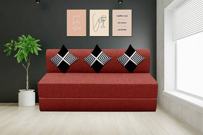 Custom Decor 5X6' Feet-Red-Color-with Three Printed Cushion 3 Seater Double Foam Fold Out Sofa Cum Bed