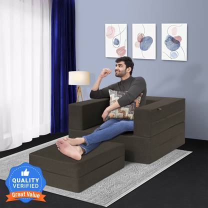 Fresh Up Sofa cum Bed with Foot Stool 72x36x14 inches Jute Fabric with Cushion 1 Seater Single Foam Fold Out Sofa Cum Bed