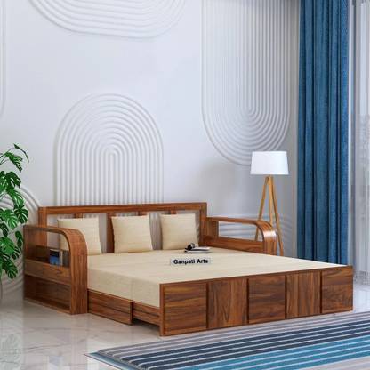 Ganpati Arts Scott Solid Sheesham Wood with Side Pocket Mini Storage 3 Seater Double Solid Wood Pull Out Sofa Cum Bed