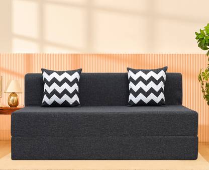 Uberlyfe 6 x 6.5 Ft Premium Jute -Sofa Cum Bed with 2 Cushions(Zigzag Pattern) 3 Seater Double Foam Fold Out Sofa Cum Bed