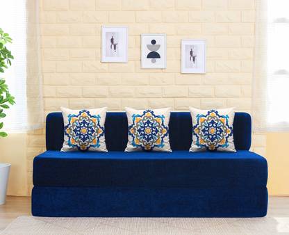 Uberlyfe Jumbo 6.5 x 6.5 Ft Sofa cum bed with 3 Cushions(Blue Medallion Pattern) 3 Seater Double Foam Fold Out Sofa Cum Bed
