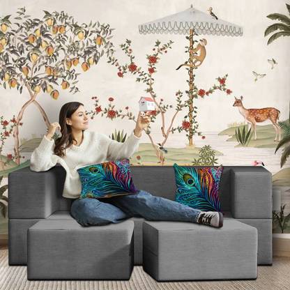 Flipkart Perfect Homes 5x6 Feet with 2 Pouffe/Foot Stools 2 Seater Double Foam Fold Out Sofa Cum Bed