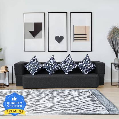 Seventh Heaven 4 Seater Sofa cum Bed 78x44x10 inch Jute Fabric with 4 Cushions 4 Seater Double Foam Fold Out Sofa Cum Bed