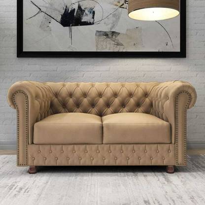 India wood mart Wooden Modern Sofa Tufted Couch with Deep Seat,Chesterfield 2 Seater Sofa Fabric Half-leather 2 Seater  Sofa