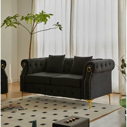 Soul Light Art Wooden velvet Sofa 2 Pillows living room sofa Loveseats Black Half-leather 2 Seater  Sofa