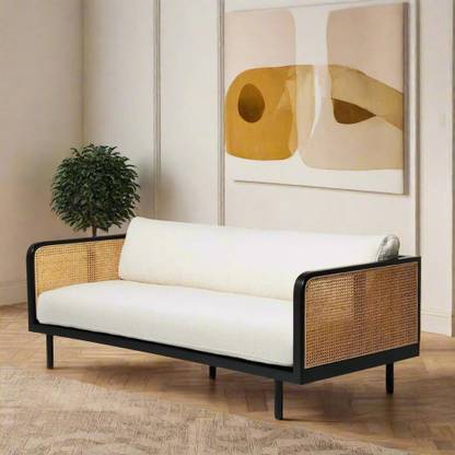 dewss Solid sheesham Wood Wooden 3 Seater Sofa for Living Room with White Cousins seat Solid Wood 3 Seater  Sofa