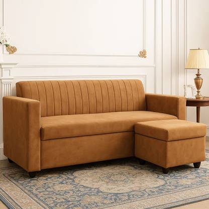WAKESURE Premium Quality With Ottoman Velvet Fabric 4 Seater  Sofa