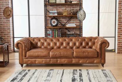 ADORNMART Three Seater Chesterfield Sofa for Living Room & Office (Brown) Fabric 3 Seater  Sofa
