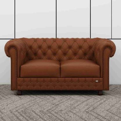 Soul Light Art Modern Wooden Chesterfield Sofa with Tufted Mattress and Deep Seat Brown Half-leather 2 Seater  Sofa