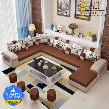 Homeify Carlo 9 Seater Fabric Sofa Set with 4-Puffy Convertible Sofa Set for Living Room Fabric 9 Seater  Sofa