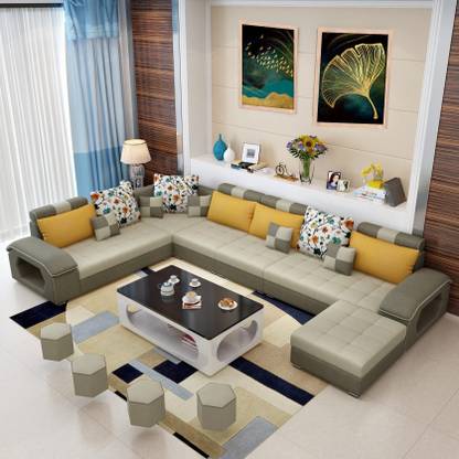 Statix - Stylish Jacquard U Shaped 12 Seater Sofa Set with 4 Small Puffy & 1 Big Puffy Fabric 12 Seater  Sofa