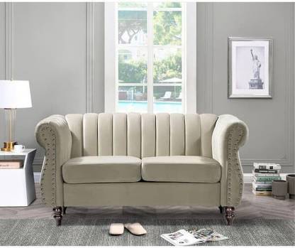 India wood mart Wooden Chesterfield Sofa for Living Room,Guest Room,Hotels 2-Person Sofa Beige Half-leather 2 Seater  Sofa