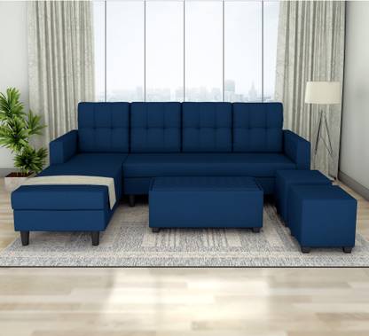 ADORN INDIA Darcy L Shape Center Table and 2 Ottoman Puffy (LHS)(Blue) Fabric 8 Seater  Sofa