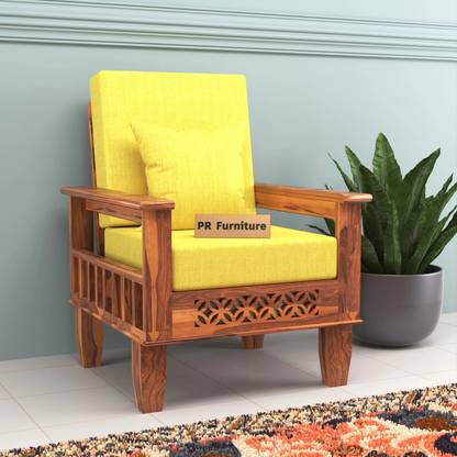 PR FURNITURE Solid Wood One Seater Sofa With Front CNC Flower Style For Living Room, Café. Fabric 1 Seater  Sofa