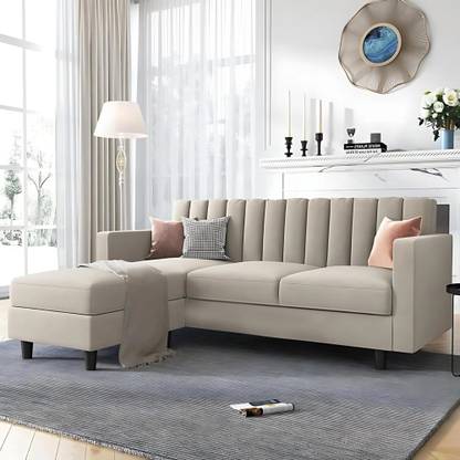 Groovecraft Adrista L Shape 3 Seater Reversible Sofa with Ottoman for Living Room Fabric 3 Seater Sofa