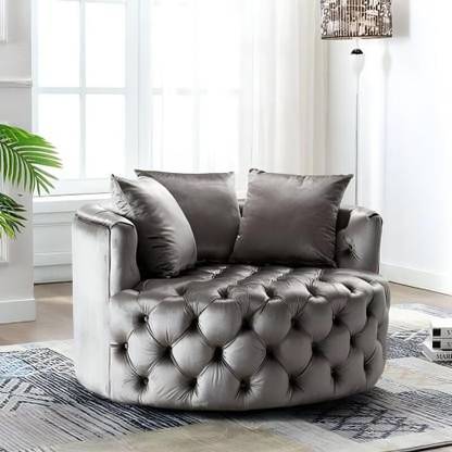 manzees Wooden Cuddle Chair | Wings Chair | Rounded shaped Sofa with 3 Cushion Grey Fabric 1 Seater  Sofa