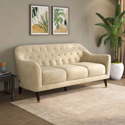 SIYARA DESIGN Luxury Velvet Tufted 3-Seater Sofa for Living Room with Wooden Legs Fabric 3 Seater  Sofa
