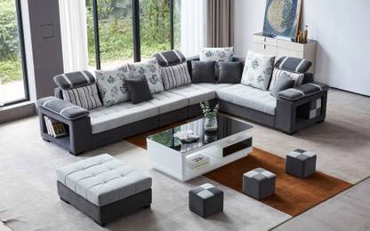 Comfort Couch 9 Seater Fabric Sofa Set with 4-Puffy Convertible Sofa Set for Living Room Fabric 3 + 2 + 2 + 1 Sofa Set