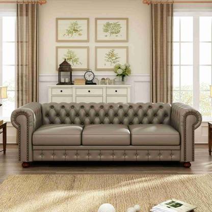 India wood mart Chesterfield leatherette sofa wood-framed modern sofa tufted deep seats Khaki Half-leather 3 Seater  Sofa