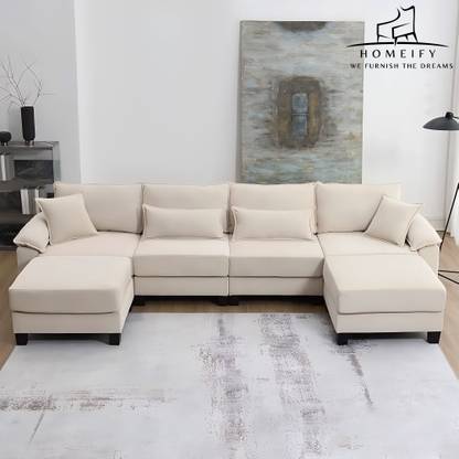 Groovecraft Elina U-Shape Reversible Cushions Couch with Ottomans Fabric 6 Seater  Sofa