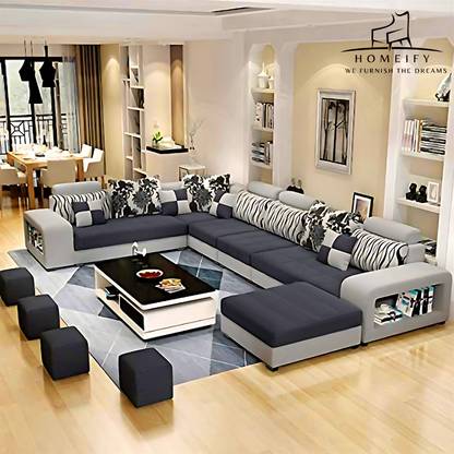 Homeify Carlo 9 Seater Fabric Sofa Set with 4-Puffy Convertible Sofa Set for Living Room Fabric 9 Seater  Sofa