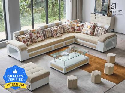 Homeify Carlo 9 Seater Fabric Sofa Set with 4-Puffy Convertible Sofa Set for Living Room Fabric 9 Seater  Sofa