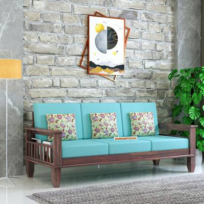 Dreamydesks 3 Seater Sofa with Side Pockets with Cushions for Living Room Solid Wood 3 Seater  Sofa