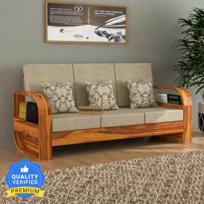 Taskwood Furniture Solid Sheesham Wood For Living Room, Office, Caf? Fabric 3 Seater  Sofa