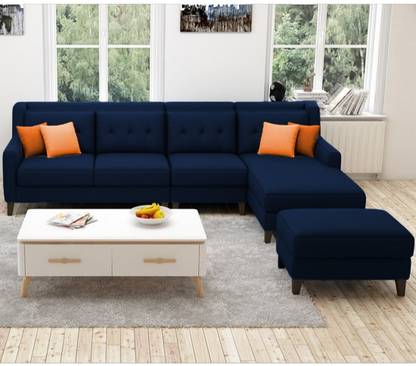 Torque Milner L Shape 6 Seater Fabric Sofa with Ottoman (Right Side, Blue) Fabric 6 Seater  Sofa