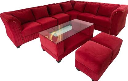 sofabulous L-Shape Sofa made of Solid Wood with Table and Puffy Fabric 7 Seater  Sofa