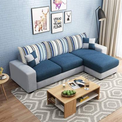FURNY Oriona 4 Seater Fabric RHS L Shape Sofa Set (Blue-Light Grey) Fabric 4 Seater  Sofa