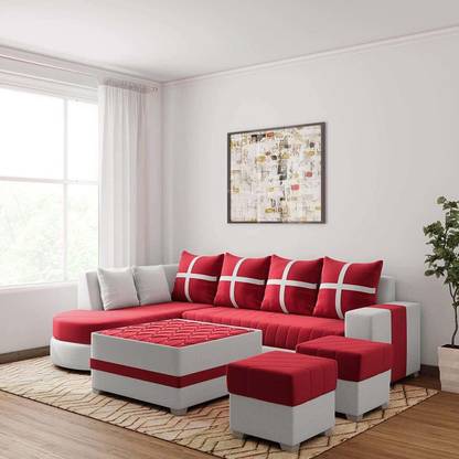 Torque Dalton 8 Seater L Shape Fabric Sofa Set with Centre Table and 2 Puffy (LHS, Red) Fabric 3 + 2 + 1 + 1 Sofa Set