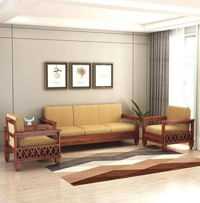 Devsignature Solid Sheesham Wood For Living Room, Hotel, Office. Fabric 3 + 1 + 1 Sofa Set