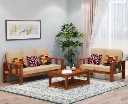 DECORWOOD Solid Sheesham Wood Five Seater Sofa Set For Living Room, Hotel Office. Fabric 3 + 2 Sofa Set